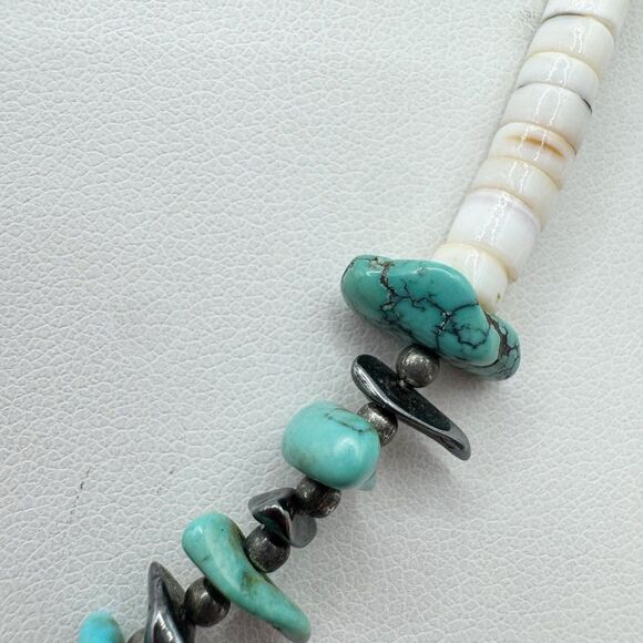 Vtg Heishi Shell Turquoise Hematite Chip Necklace Southwest Stone Jewelry 17” - Picture 4 of 11